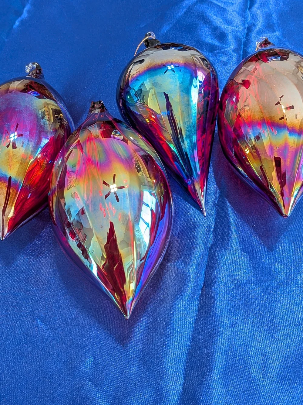 LG Iridescent Glass Teardrop Christmas Ornaments Set Of 4